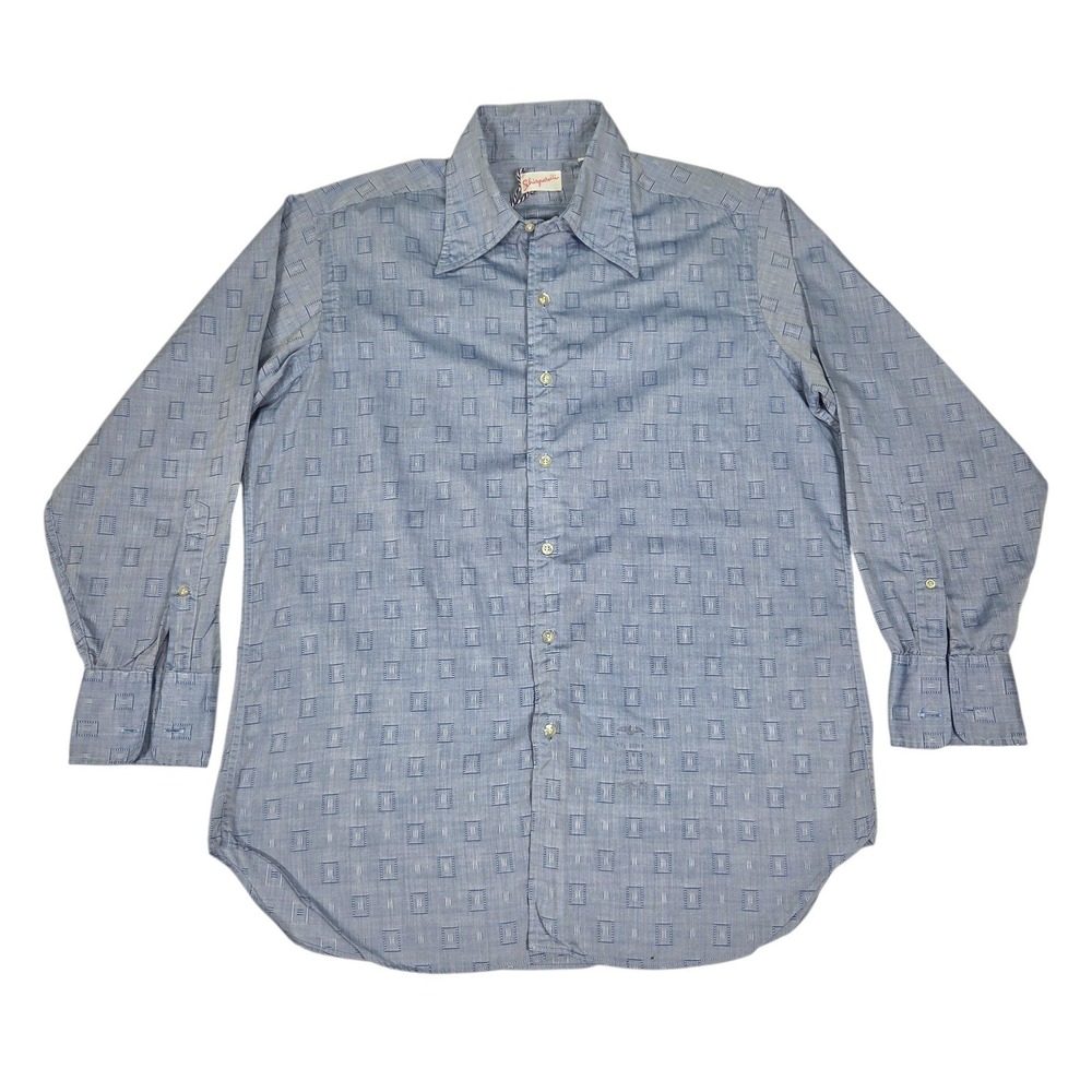 Vintage 70's Schiaparelli Dress Shirt Mens Large 16-35 Blue Geometric Textured